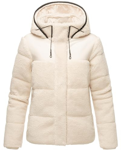 MARIKOO Damen Teddy-Fleecejacke warme Übergangsjacke gesteppte Plüschjacke in angesagtem Materialmix mit Kapuze Kaguraa 16 XS-XXL