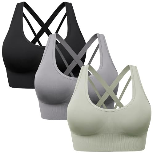 HBselect 3 Pack Comfort Strappy Sports Bras for Women UK with Removable Pads, Wireless Seamless Plus Size Sleep Bras for Girls in Yoga Bralette Running Leisure Crop Gym Stretch Tops Vest