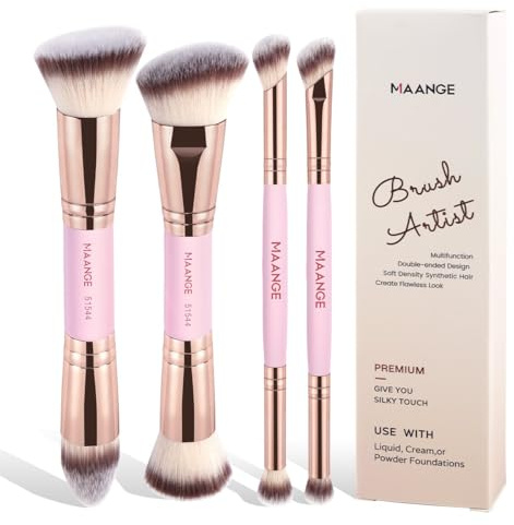4Pcs Dual-Ended Makeup Brush Set - Foundation Brush & Angled Concealer Brush for Flawless Base, Cream & Liquid Products, Professional Cosmetic Brushes for Seamless Blending
