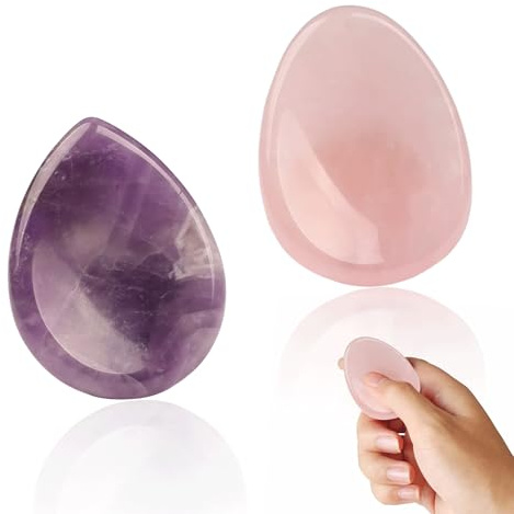 2Pcs Natural Amethyst Thumb Worry Stone Rose Quartz Crystals Worry Crystal Stone Meditation Gifts Worry Stone Anxiety Gifts Healing Crystal Thumb Anxiety Stones Crystal Pocket Palm Stones