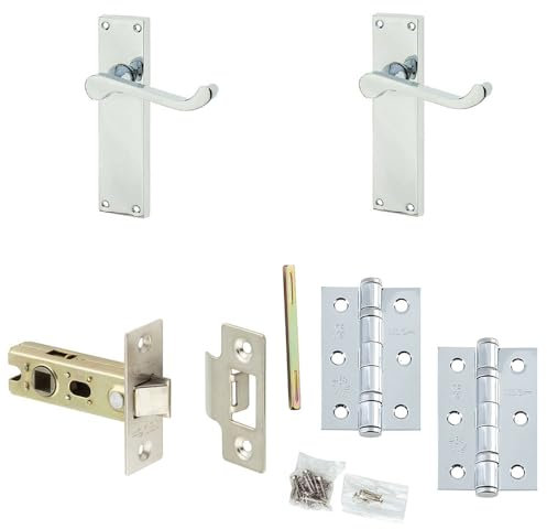 Door Handle & Latch Set Chrome Rounded Sculpted Lever Latch Long Backplate