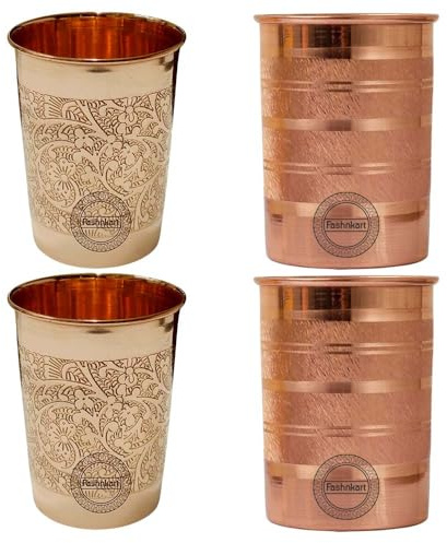 Fashnkart Lot de 2 verres à eau en cuivre pur gaufré et argenté pour la guérison ayurvédique, 300 ml (4 Pcs)