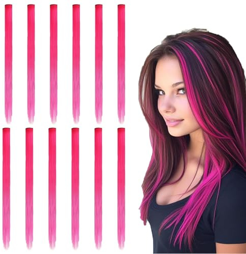 Ciocche di capelli da agganciare, 55 cm, 12 ciocche di capelli rosa alla moda, clip in extension, capelli lisci e ricci, ciocche colorate per feste