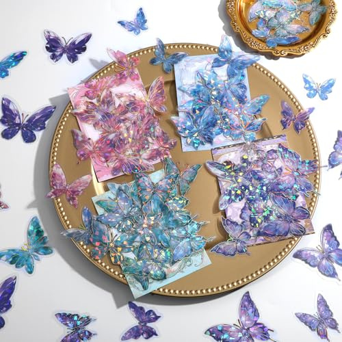 oruola 80 Stück Holographic Stickers, Schmetterling Sticker Set, Wasserfest 3D Schmetterlinge zum Kleben, Holografische Schmetterling Aufkleber für DIY Handyhülle Dekoration