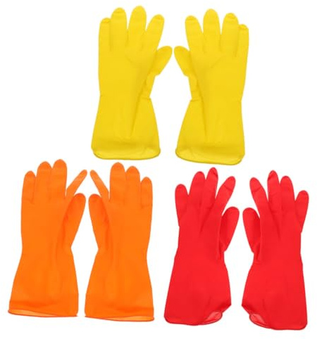Gatuida 3 Pairs of Latex Cleaning Gloves Red Yellow Orange 40g l Size Reusable Household Dishwashing Gloves for Kitchen Cleaning