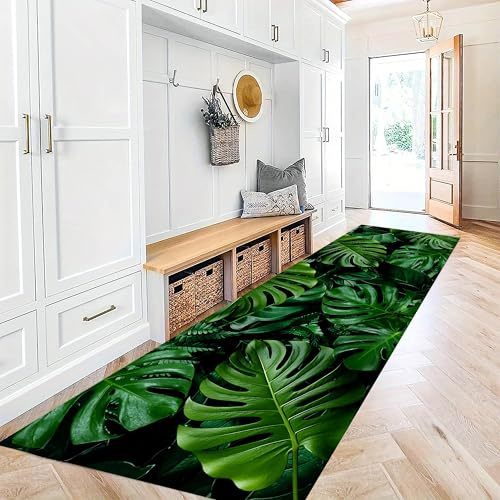 MUOUCTE Plant Runner Hallway Rug, 80x200cm Green Monstera Tropical Plant Rugs, Soft Non-Slip Washable Welcome Entrance Carpet, Suitable for Interior Decorative Floor Mats in High Traffic Areas