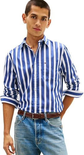 Tommy Hilfiger Herr Flex POPLIN Bold Stripe Shirt MW0MW41715 L/S skjorta, blå, XXL, Blå (guldblå/randig), XXL