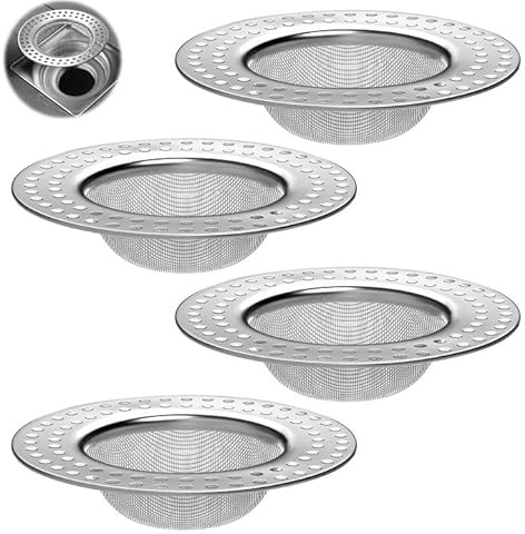 4Pcs Bath Drain Hair Catcher 304 Stainless Steel Fast Flow Shower Drain Cover Protector with Anti Clog Mesh, Universal Fit for Bath Shower Sink Drains External Diameter 8cm, Inner Diameter 5cm