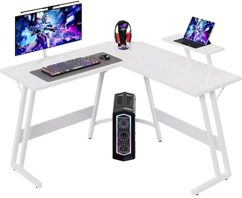 Devoko Bureau Gaming d'angle 120x120cm, Support Écran & Design L, Blanc