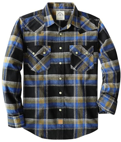 Dubinik® 6 oz flanellskjorta för män western långärmad bomull snäppa cowboy, Blå svart brun, L