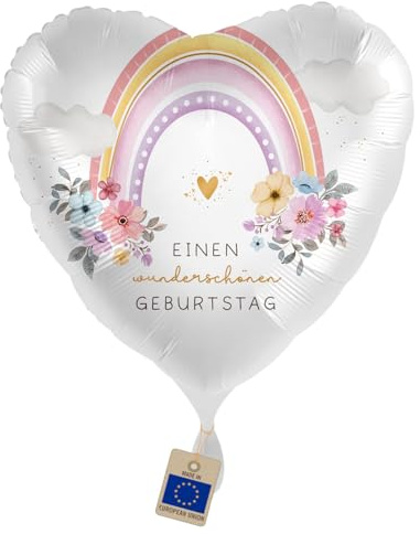 Folienballon Einen wunderschönen Geburtstag – Herzballon | Geburtstagsballon mit Regenbogen & Blumen, Geschenk & Deko für Frauen, Mädchen, Geburtstag & Überraschung, ca. 35 cm