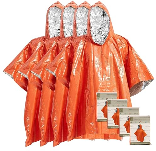 UABA Poncho térmico de emergencia – Pack de 4 reutilizable con capucha – impermeable – para coche, montaña, supervivencia y primeros auxilios