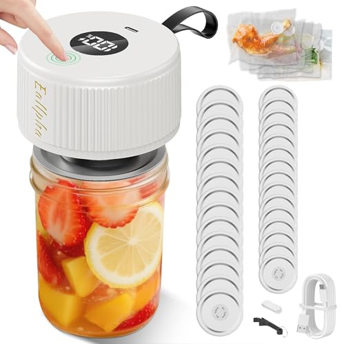 Electric Mason Jar Vacuum Sealer Kit – Automatic Jar Sealer for Wide & Regular Mouth Mason Jars, Food Storage Vacuum Sealer for Coffee Beans, Dry Food & Meal Prep Includes 30 Lids