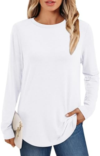 AirMood Women Casual Plain Long Sleeve Tshirts Tunic Tops Crewneck Loose Fit T Shirts (White,XL)