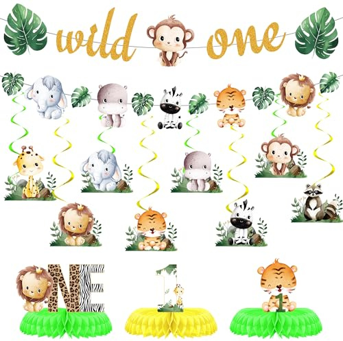 Wild One Geburtstag Deko Grün - 13 Stück Happy Birthday Banner Waldtiere HäNgend Waben Tischdekoration Für Geburtstagsdeko 1 Jahr Junge MäDchen Babypartys Kindergeburtstag Dschungel Party Dekoration
