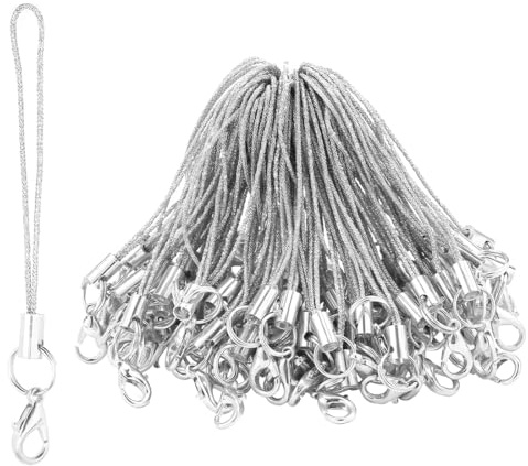 VYZUTR 50 Piezas Plata Correa de cordón Simple para teléfono Celular para Llaves, llaveros, bucles de dijes para teléfono Celular con mosquetón,Correa de Anillo para teléfono Celular,Llavero USB