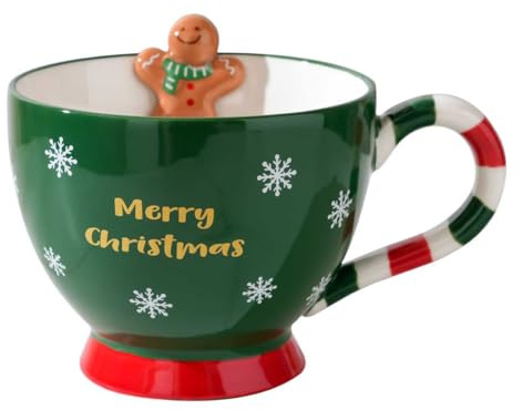 Bibykivn Tazza di Natale 500ml in Ceramica con Design in Rilievo Dipinto a Mano, Tazza Invernale con Motivi Natalizi e Manico, Rossa/Verde, Idea Regalo (Verde)