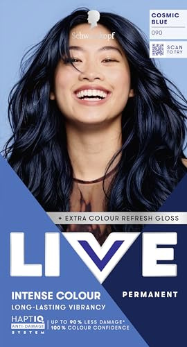 Schwarzkopf LIVE Intense Colour 090 Cosmic Blue, Long-lasting Permanent Blue Black Hair Dye, With Extra Colour Refresh Gloss