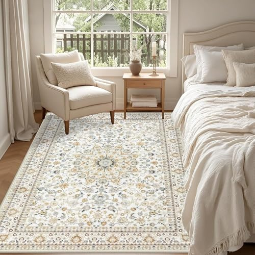 Strloepr Waschbarer Teppich Wohnzimmer Schlafzimmer Küchenläufer Balkon Matte,Vintage florales Landhaus-Heimbüro Beige, Mehrfarbig, 80 x 150 cm