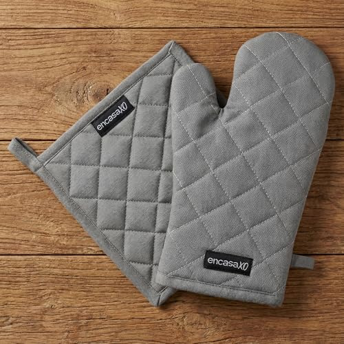 Encasa XO Guanti da Forno e Presina in 100% Cotone Resistenti al Calore con Anello, Guanti da Cucina, Presine per Microonde - Grigio, 18x30 cm, (Confezione da 2)