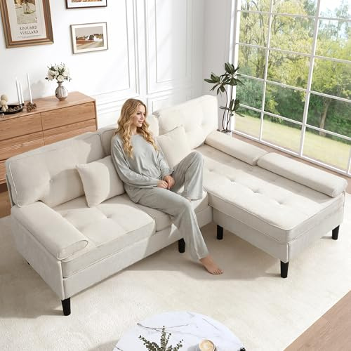 Gelukueub Chenille-L-Form-Ecksofa, dreisitziges Wohnzimmer-Multifunktions-Chaiselongen-Sofa mit Schlaffunktion, bewegliche Fußbank, 195 cm Breite, ideal für kleine Apartments (Light beige)