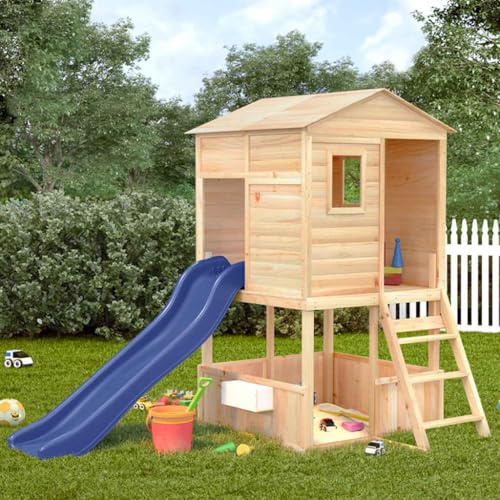 Emmtore Holzspielhaus mit Rutsche für Kinder ab 3 Jahren,Massives Tannenholz,Gartenabenteuer Spielturm, Spielgerät Braun