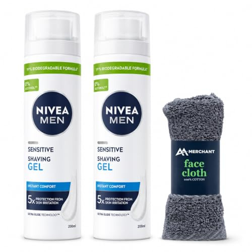 Nivea Men Sensitive Shaving Gel 200ml x2 Pack with Face Cloth – Soothing Shave Gel for Sensitive Skin, Smooth Glide Razor Protection, Anti Irritation Shaving Foam Alternative