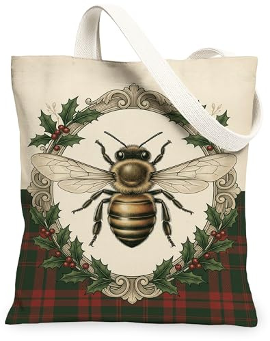 Borsa tote in tela da donna, stile vintage, motivo con agrifoglio, motivo natalizio con agrifoglio, verde, lavabile, riutilizzabile, estetica, ideale per viaggi, lavoro, shopping, libreria, 33 x 38 cm