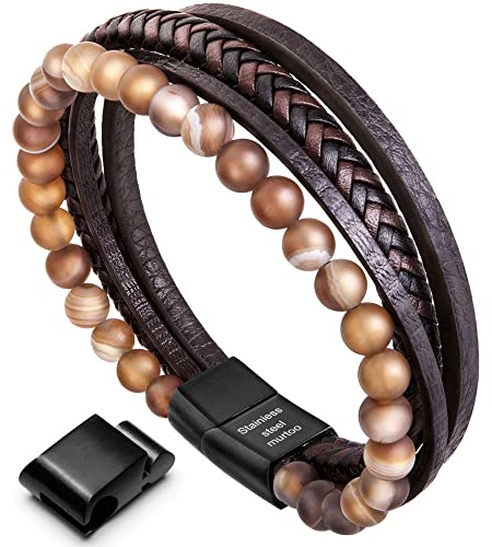 Murtoo Leder Armband für Herren - Naturstein Geflochtenes Schmuckstück aus Schwarzem Onyx - Wunderbares Geschenk