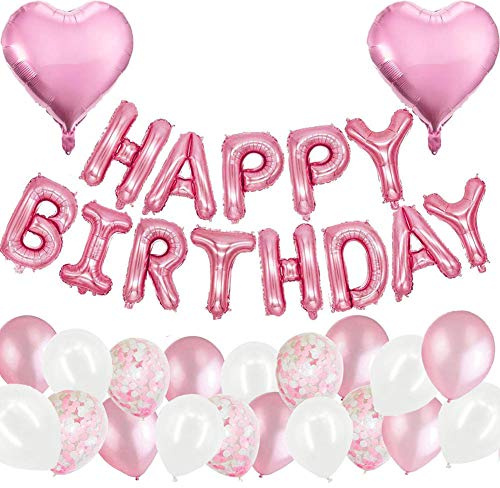 MAKFORT Geburtstagsdeko Rosa Happy Birthday Folienballons Girlande mit Konfetti Luftballons Rosa Für Geburtstag Partydeko Mädchen und Frauen