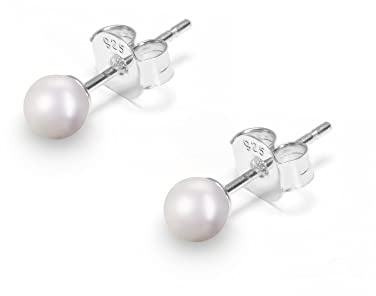 Pendientes de Perlas Blanca Plata de ley 925 para Mujeres, Cierre Presión Hipoalergénicas (4 mm)