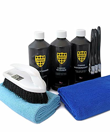 PROTEX Convertible Soft Top Care Kit with Canvas Cleaner, Restorer (Black) & Waterproofer - 500ml, Giant Microfibre Towel, Brushes and Microfibre Clothes - COMPLETE KIT