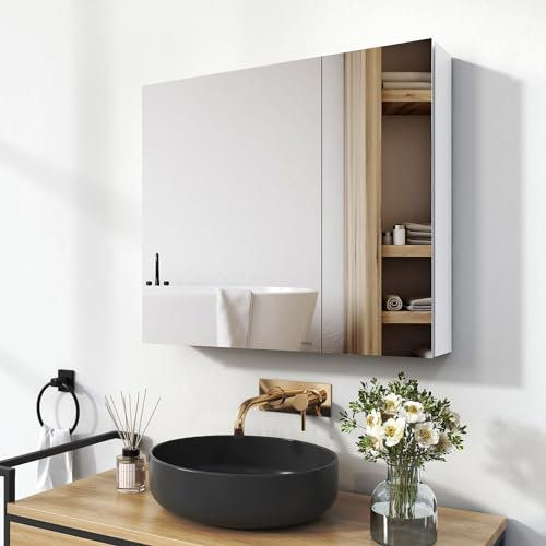 EMKE Spiegelschrank Bad, Badezimmer Spiegelschrank mit Spiegel, 75x65cm Badschrank Wandschrank mit höhenverstellbaren Glasablage (Weiß Mattiert)
