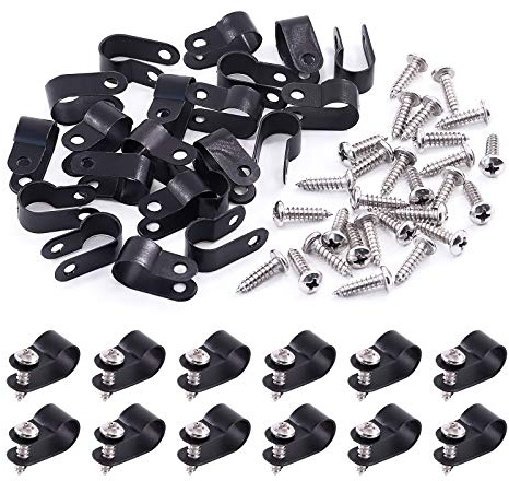 Swpeet 120 Stück schwarze Nylon-Kunststoff-Kabel-Clips, 1,9 cm (3/8 Zoll), R-Typ, Nylon-Schraubbefestigungsschnurbefestigungsclips mit 120 Schrauben für Drahtmanagement (3/8 Zoll, schwarz)