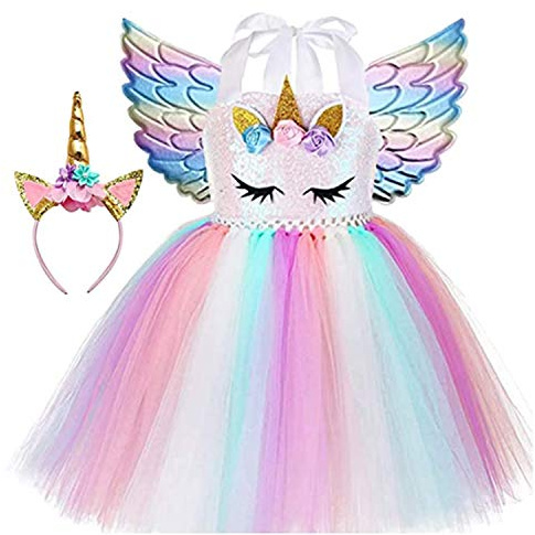 Sincere Party Tutu per bambina in tulle con unicorno Abito per compleanno con unicorno rosa soffice con fascia e ali 4-5 anni(110cm-120cm)