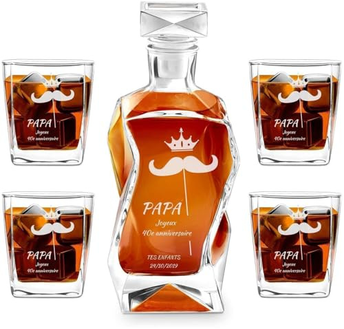 Maverton Décanteur gravé avec 2/4 / 6 verres à Whisky | Ensemble de Carafe avec verres, Whiskey Decanter, Cadeau pour chaque homme, avec personnalisation, Papa