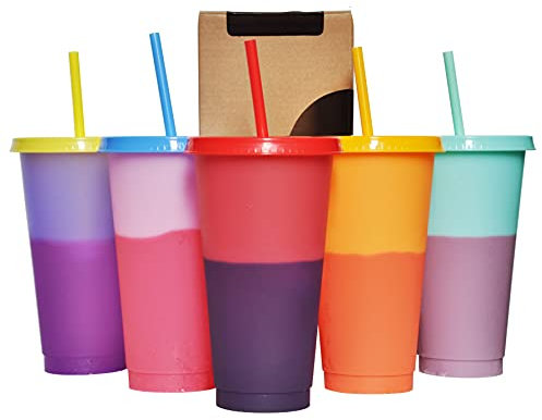 Alohastarttg Farbwechselnde Becher, 5 Stück, 680 ml, wiederverwendbare Eiskaffee- und Smoothiebecher mit Deckel und Strohhalmen für Partys und Reisen