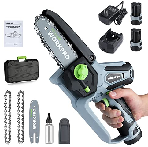 WORKPRO Mini Chainsaw, 6.3 Cordless Electric Compact Chain Saw with 2 Batteries, One-Hand Operated Portable Wood Saw with Replacement Guide Bar and Chain for Garden Tree Branch Pruning, Wood Cutting