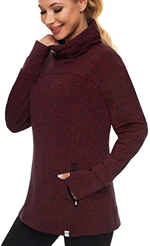 Soneven Rollkragen Pullover Damen Sweatshirt Damen Ohne Kapuze mit Taschen Funktionsshirt Langarm Sweatshirt Pulli Fleecepullover Hochkragen Sweatjacke Winter