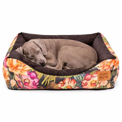 Golden Dog Hundebett Hundekorb Waschbarer Hundekorb Flauschige Hundematratze mit erhöhten Rändern Weiches Hundesofa, Katzen Samt „Square Kinia“ (Blumen, XL)