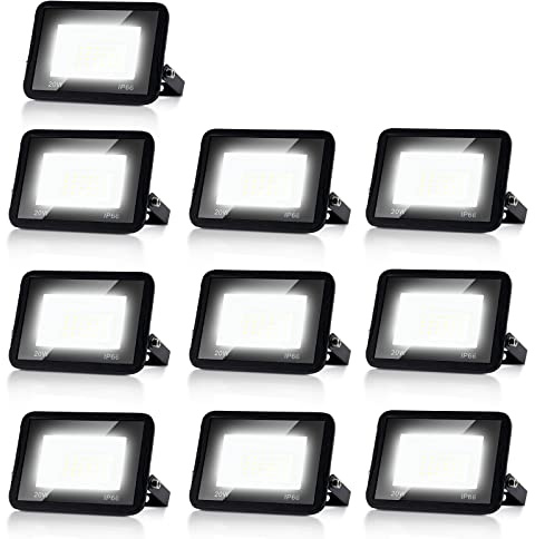 Randaco Foco Proyector LED 10x20W Exterior, Súper brillantes 1700LM LED Reflector Blancos Fríos 6000K, Impermeable IP66 LED Floodlight Exterior Iluminación Decoración para Parque