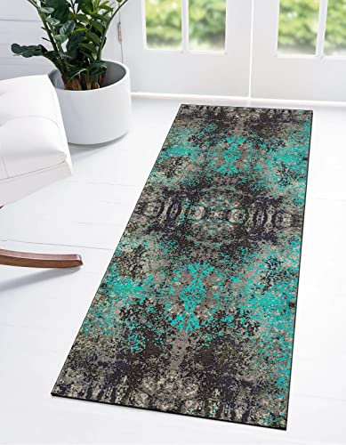 Ymural Teppich Läufer Flur Küche Schwarz Blau Vintage Teppichläufer 90x180CM rutschfest Meterware Waschbar Flurläufer Lang Polyester Küchenläufer für Korridor Schlafzimmer, Anpassbar