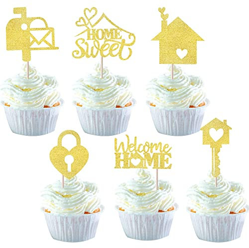 SYKYCTCY 24 Pack Sweet Home Cupcake Toppers Glitter Key Lock Housewarming Cupcake Picks New Home Theme Party Welcome New House Party Cake Decorations Supplies Gold