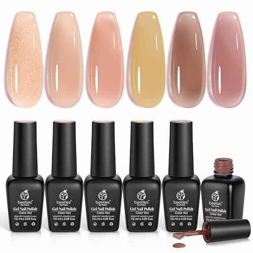 Beetles UV Gel Nagellack Set - 6 Farben Gelee Nagellack Nude Rosa LED Nagellampe Gel Polish Nageldesigns Ausgehärtete Maniküre Sets DIY Zuhause für Anfänger Nail Art Maniküre