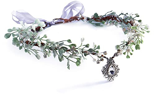 MOSTORY Feen-Blumenkrone – handgefertigter Boho-grüner Blumenkranz Elfen-Girlande Wald-Stirnband Haarschmuck für Frauen Braut Hochzeit Party Cosplay Renaissance