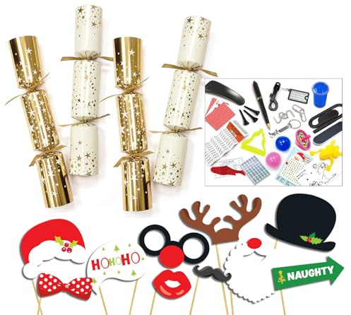 Diamond 50 x 12'' Gold & Cream Stars Catering Christmas Crackers with Premium content + 50pcs of party photo booth props on sticks (C4481-2022)
