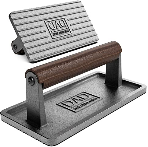 Soho Grilling Gift for Dad, BBQ Cast Iron Grill Press for Smash Burger, Hamburger, Meat, Bacon (2.6 lbs) Cooking Weight with Wood Handle for Christmas/Birthday “Dad The Grill King” (Gift Boxed)