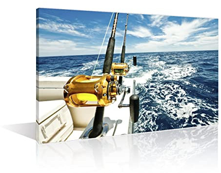 1 Panel Wall Art Two Fishing Rod and Reel Modern Home Decor Fishing Gears and Fisherman Boat Bathroom Wall Decor Blue Seascape Wall Modern Artwork Stretched and Framed Ready to Hang (16Wx24H)