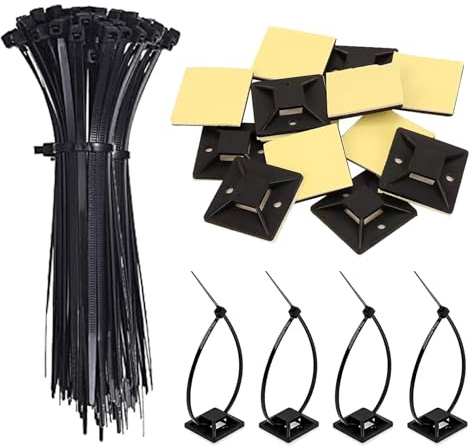 100 Pièces Serre-Câbles Auto Adhésif + 100 Pièces Zip Tie Nylon Autobloquantes, Serre Câbles, Attaches de Câble, Base de Auto-adhésives, Nylon Collier de Serrage Plastique Câble