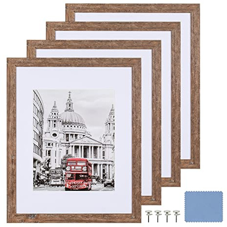 SEEDLING Photo Frame Set of 4, Display 8x10 With Mat or 11x14 Without Mat, Wall Rustic Wood Picture Frames (Rustic Wood)